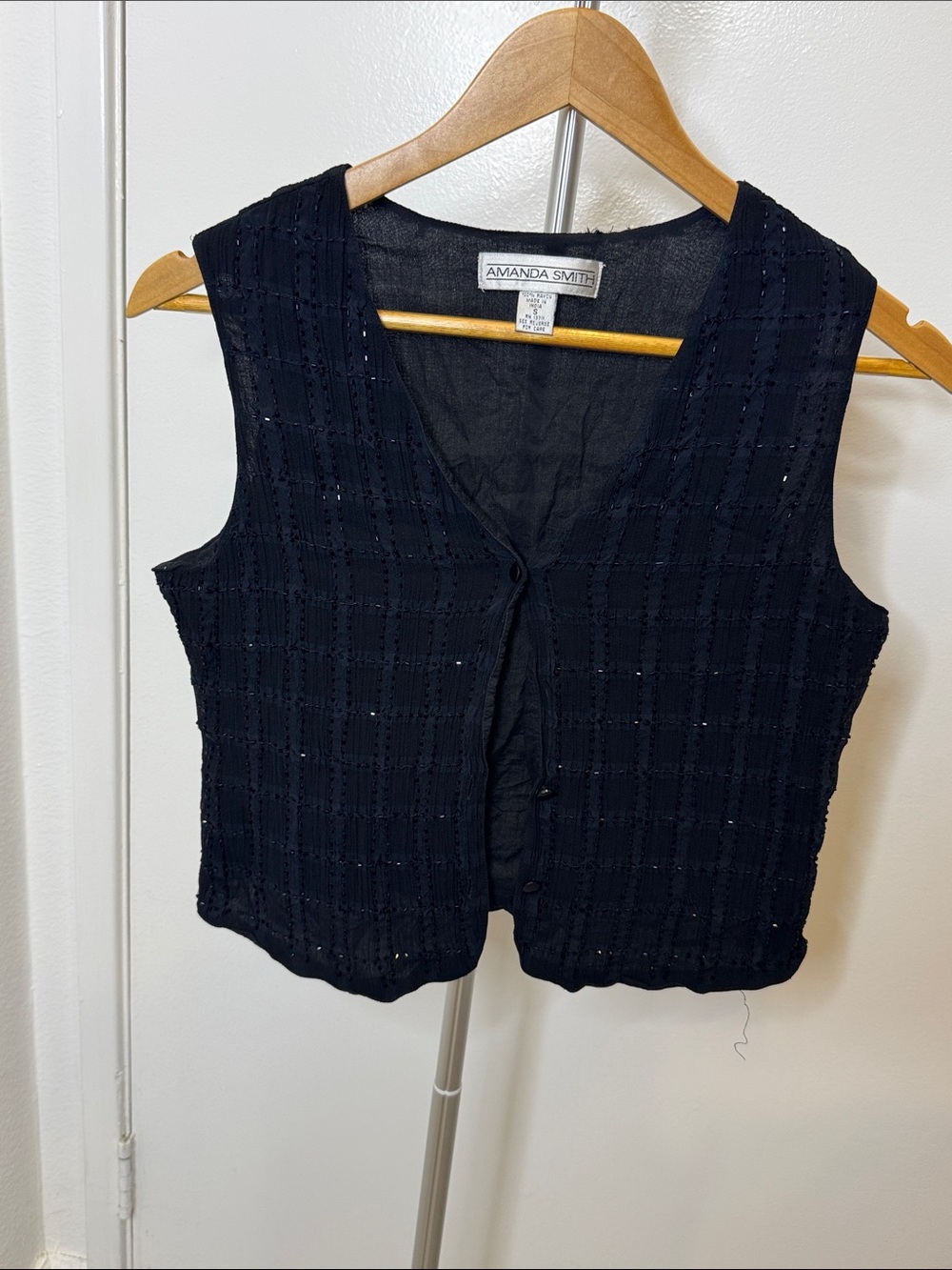 Amanda Smith‎ Black Textured Button Front Vest Old Money Lightweight Beaded